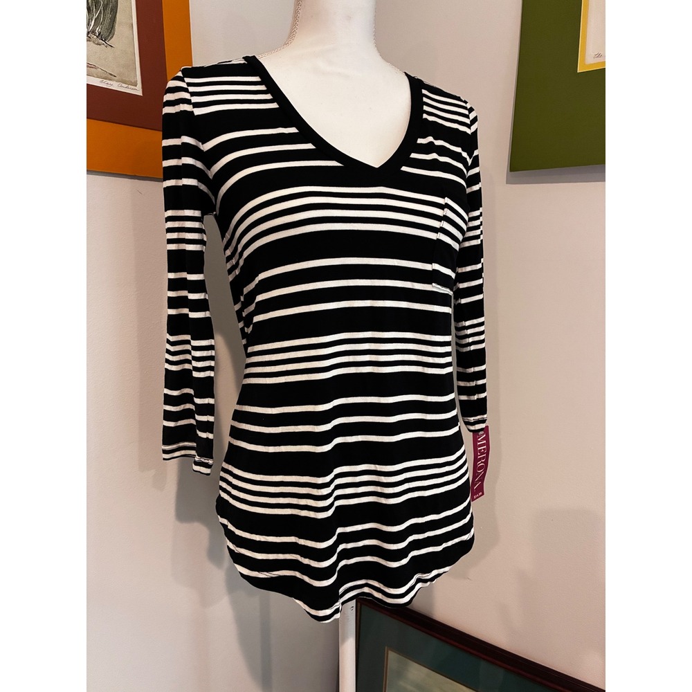 Merona Womens XS Black White Striped V-Neck Long Sleeve Pocket Top NWT